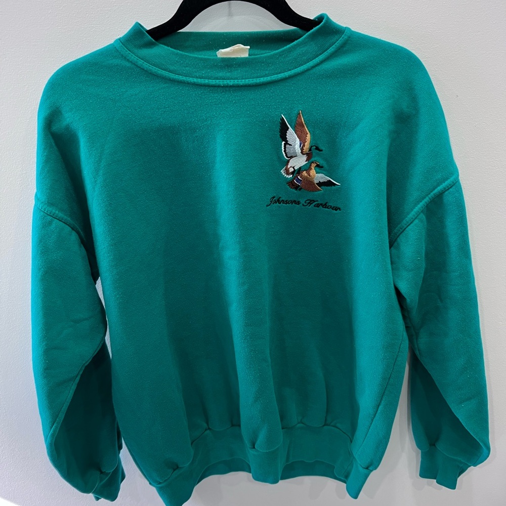 Vintage Teal crewneck Sweatshirt with Duck Embroidery
